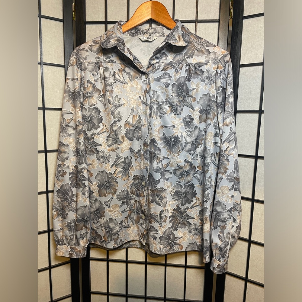 Vtg Rhodes California Pongée Silk Floral Print Foulard Style Button Down Blouse